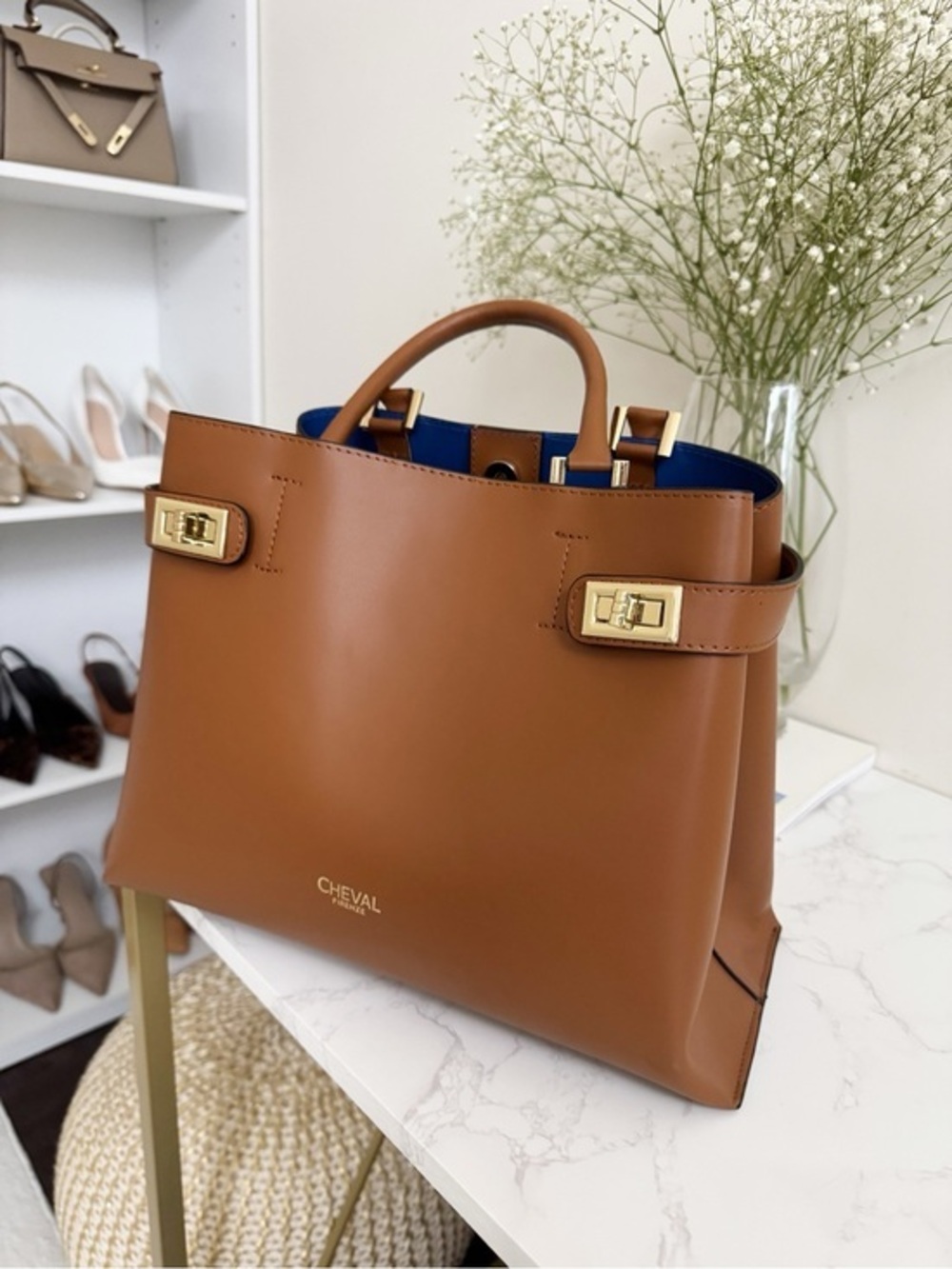 Cheval Firenze Italian Leather Top Handle Bag Brown Gold Hardware NWT